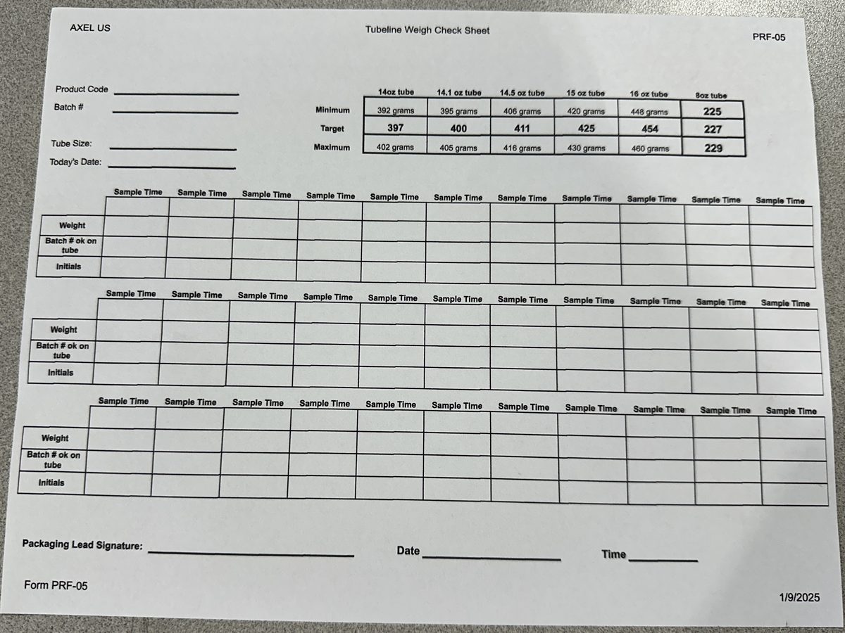 Tube line weigh check sheet with sample times and target weights